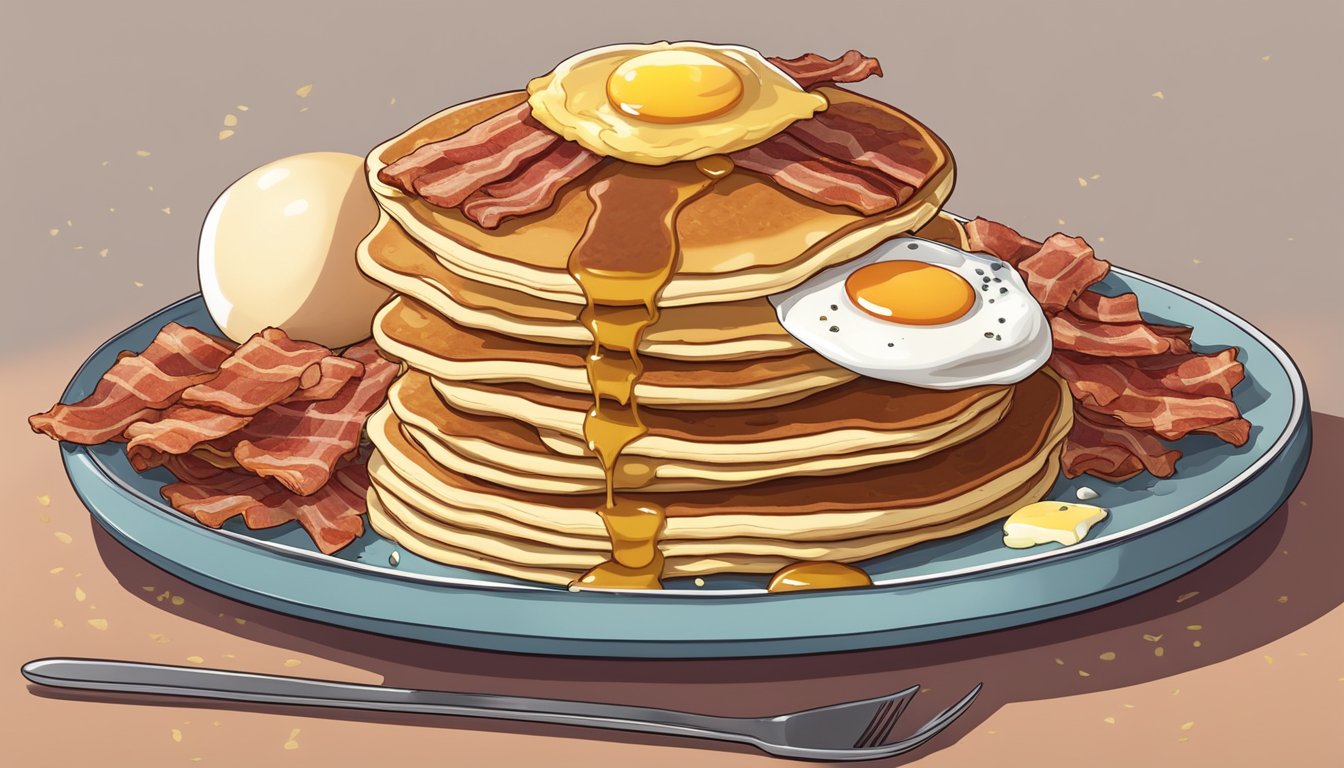 A stack of pancakes topped with syrup and butter, surrounded by bacon, eggs, and hash browns on a plate