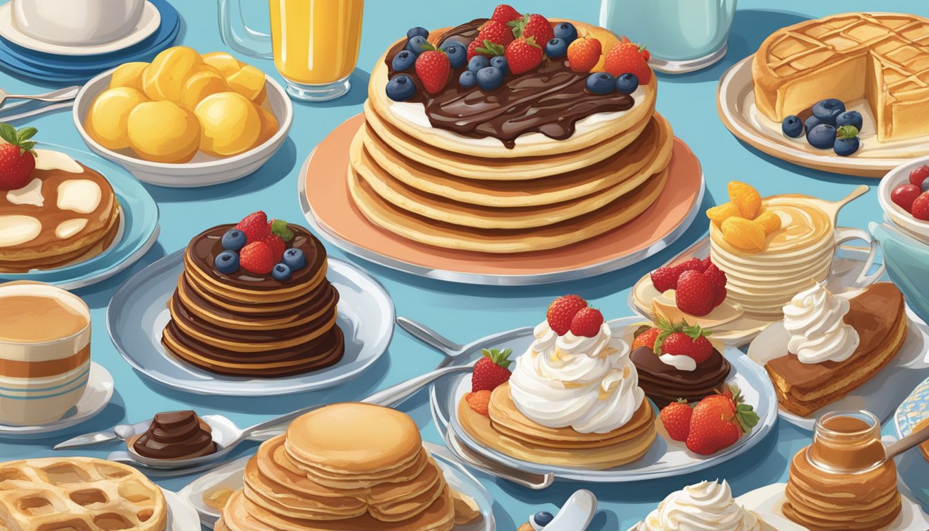 A table set with a variety of decadent desserts from the IHOP cookbook, including pancakes, waffles, and sundaes, surrounded by colorful plates and utensils