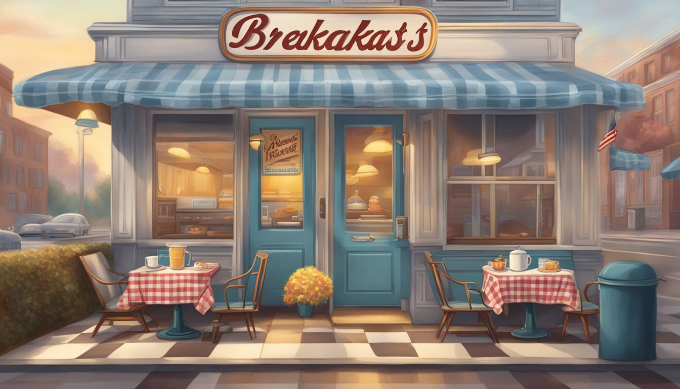 A cozy diner with steaming coffee, sizzling bacon, and fluffy pancakes on a checkered tablecloth. A sign reads "Breakfast Hours" and a menu boasts "The Perfect Jack's Breakfast."