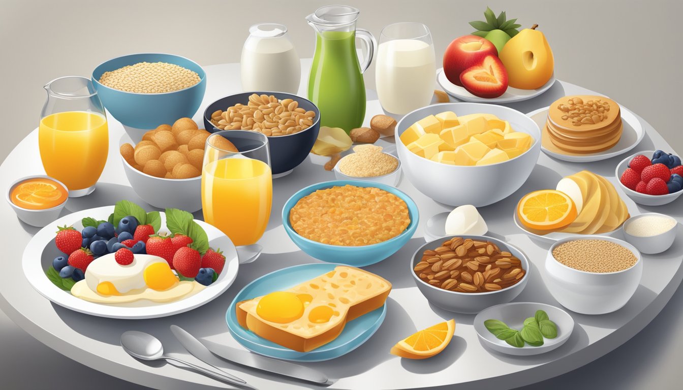 A table set with a variety of breakfast foods, including fruits, grains, and dairy products, with a futuristic twist