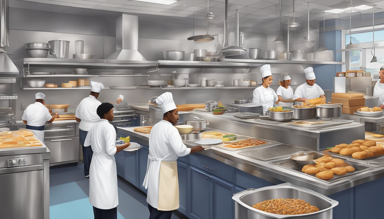 A bustling IHOP kitchen with chefs cooking up classic dishes, surrounded by stacks of recipe books and ingredients