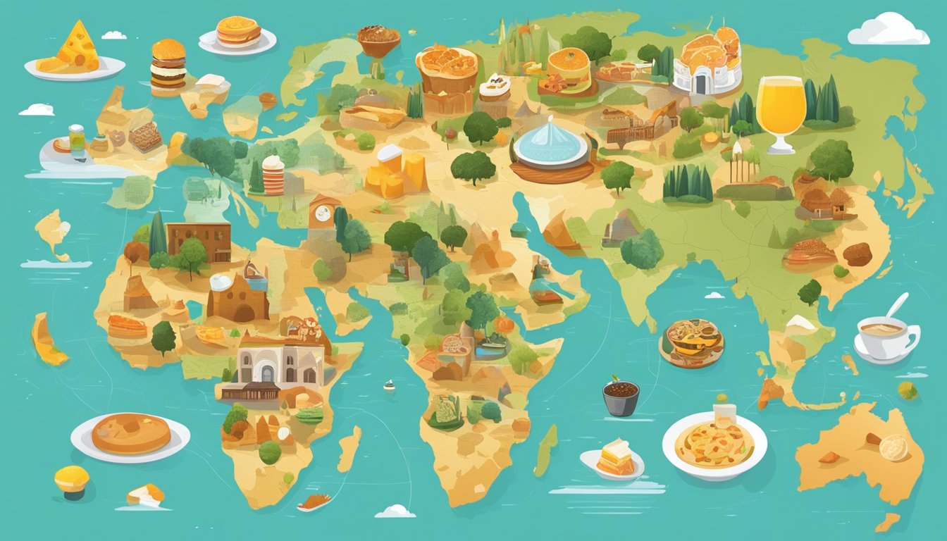 A map of the world with highlighted regions, surrounded by images of diverse breakfast foods and local landmarks