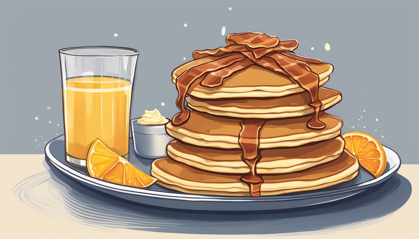 A stack of IHOP pancakes topped with syrup and butter, accompanied by a side of crispy bacon and freshly squeezed orange juice