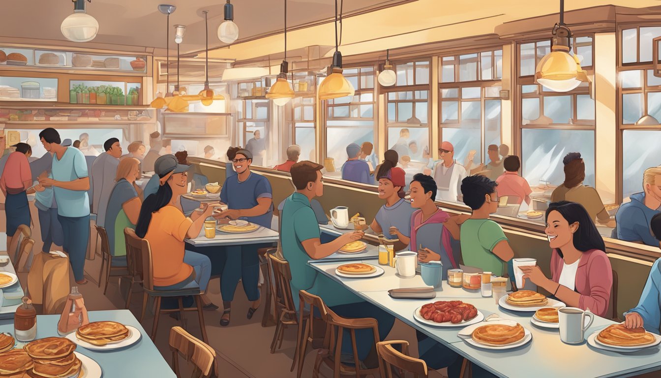 A bustling breakfast diner with steaming pancakes, sizzling bacon, and happy patrons enjoying their morning meals