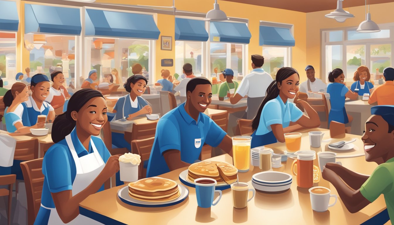 A bustling IHOP restaurant filled with happy customers enjoying their breakfast meals, with waitstaff bustling about serving pancakes and syrup