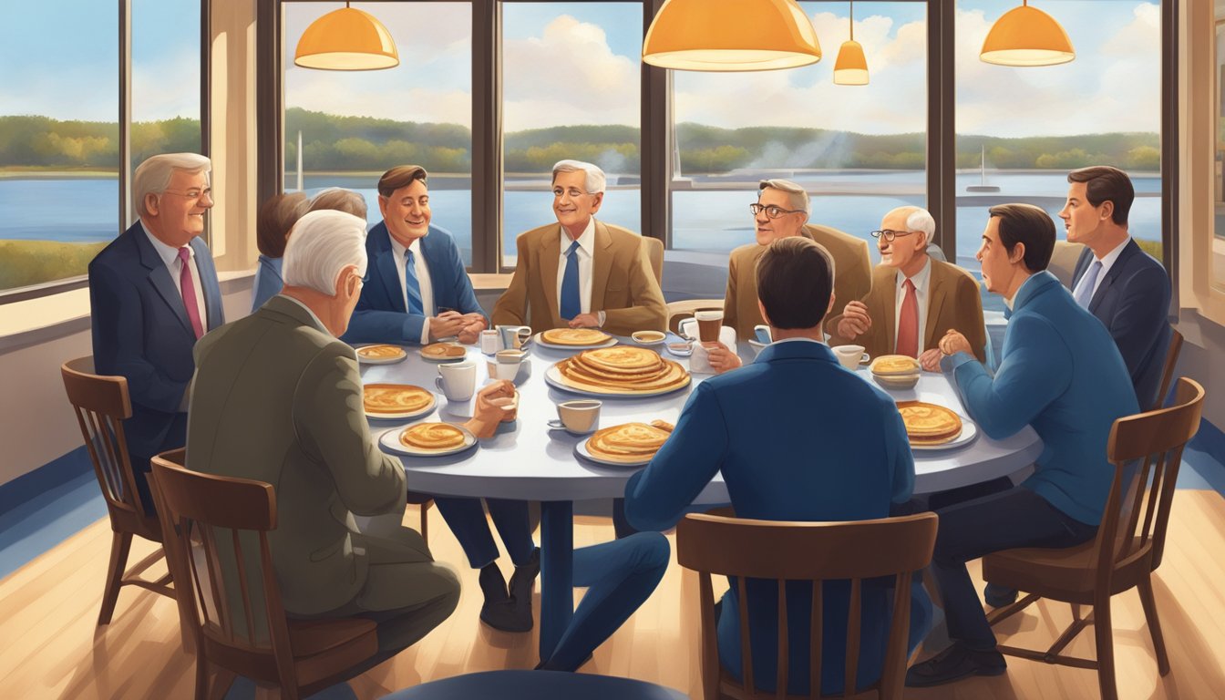 A group of politicians sit around a table at an IHOP, engaging in animated discussion over plates of pancakes and coffee. The atmosphere is casual yet focused, with the morning light streaming in through the windows