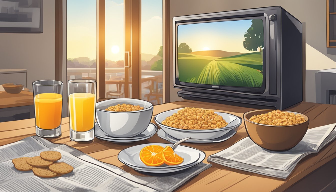 A breakfast table with a bowl of cereal, a glass of orange juice, a newspaper, and a TV playing in the background