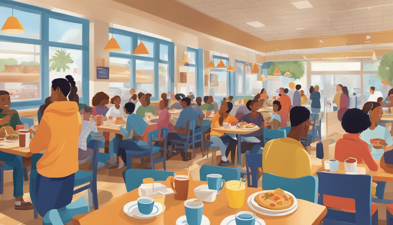 A crowded IHOP restaurant with a diverse group of customers enjoying breakfast dishes at their tables, while a menu prominently displays the "Classics" section