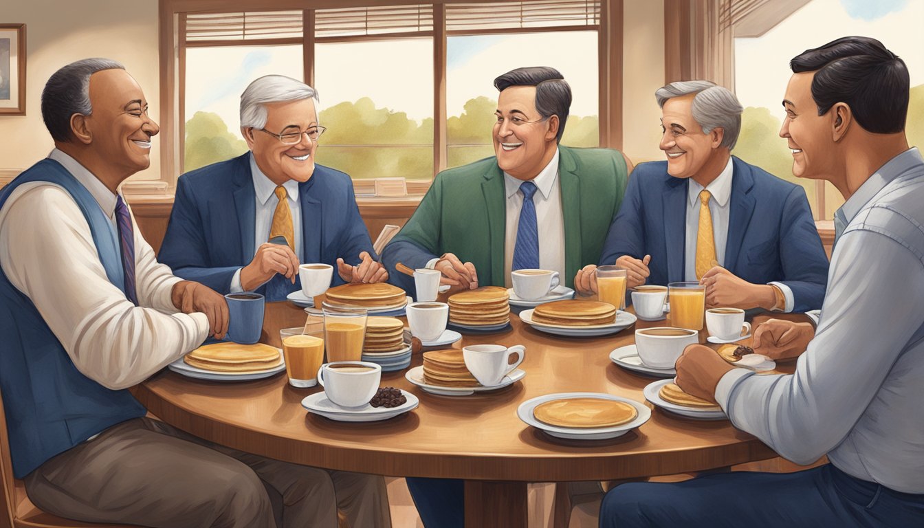 A group of politicians sit around a table at IHOP, engaging in lively conversation over plates of pancakes and coffee. The atmosphere is relaxed and congenial, with a sense of camaraderie among the group