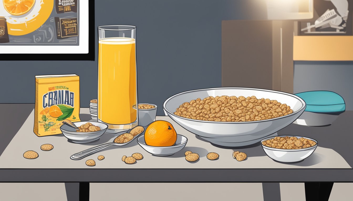 A table set with a bowl of cereal, a spoon, and a glass of orange juice, surrounded by movie posters and TV show memorabilia