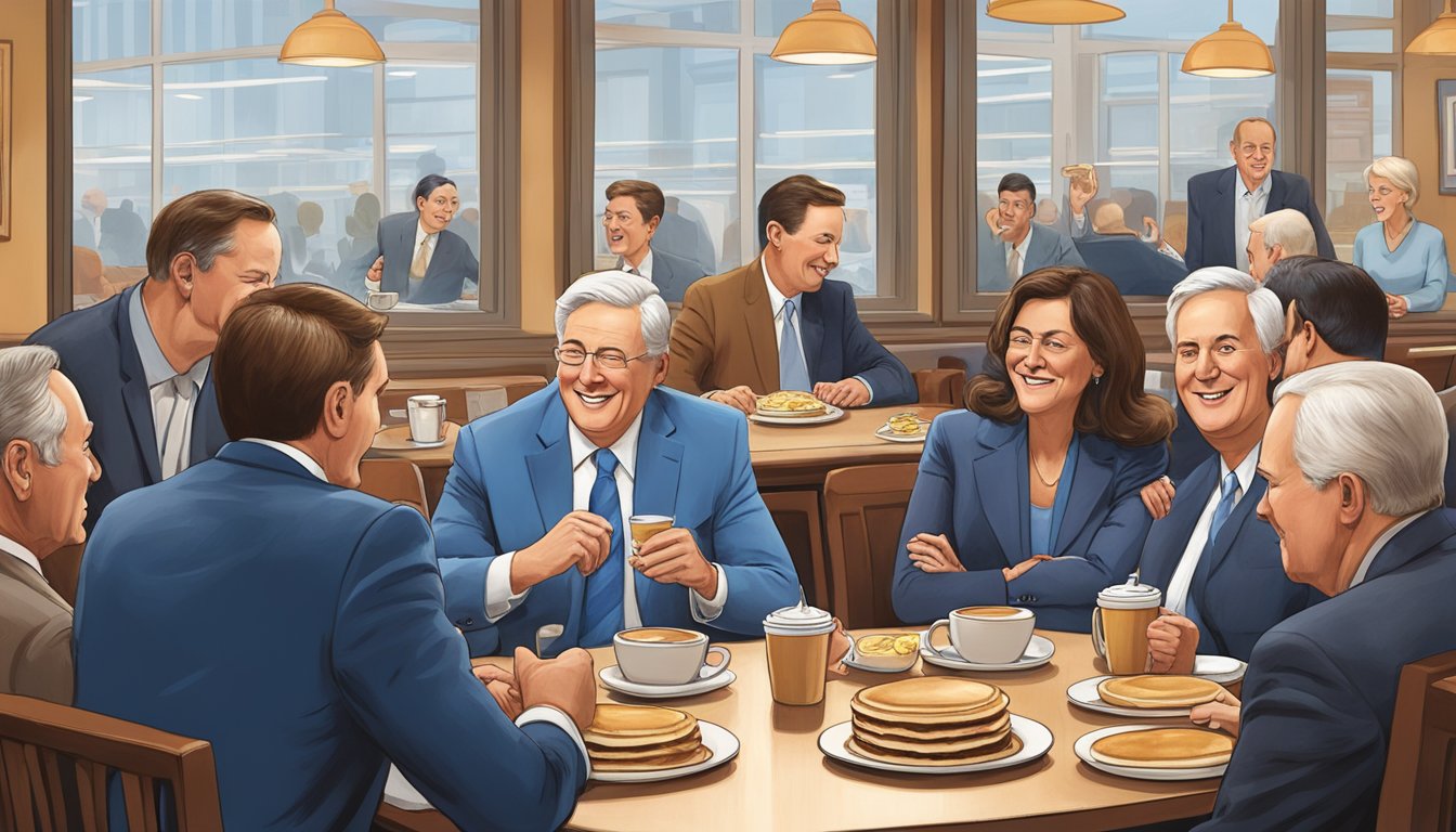 A group of politicians sit around a table at an IHOP restaurant, engaging in lively discussion over plates of pancakes and coffee