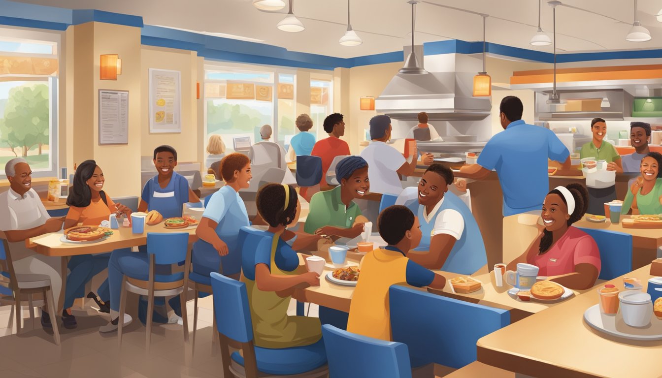 A bustling IHOP restaurant filled with diverse, satisfied customers enjoying their breakfast meals, with attentive staff providing top-notch service