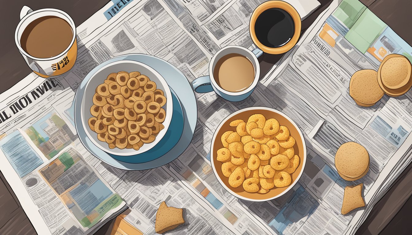 A breakfast table with a bowl of cereal, a cup of coffee, and a newspaper featuring pop culture references