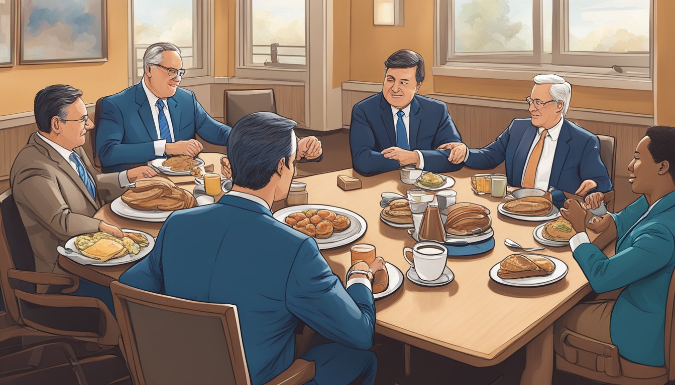 A group of politicians sit around a table at IHOP, discussing branding and marketing strategies over a breakfast spread