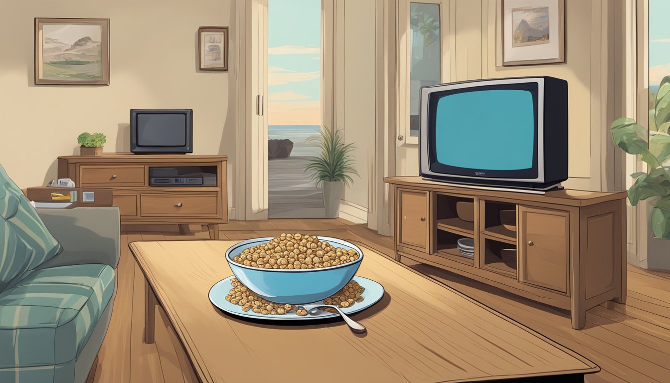 A table with a bowl of cereal, a spoon, and a TV playing famous TV and film references