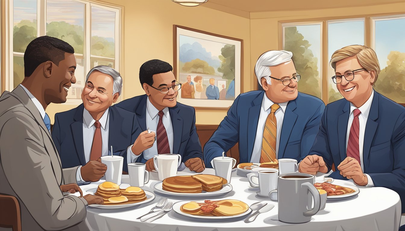 A group of politicians sit around a table at IHOP, enjoying a hearty breakfast while engaging in diplomatic discussions. The table is adorned with a spread of pancakes, eggs, bacon, and coffee