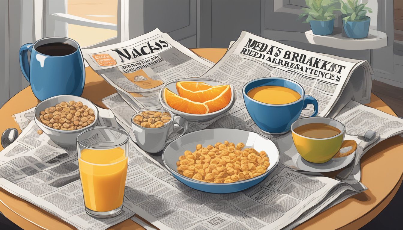 A breakfast table with a bowl of cereal, a glass of orange juice, and a newspaper featuring headlines about "Media Jack's Breakfast" and "Pop Culture References."