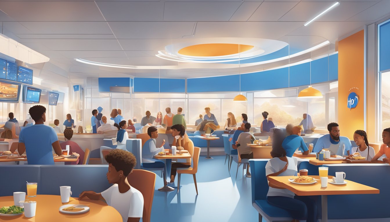 A bustling IHOP restaurant with diverse customers enjoying breakfast dishes in a futuristic, sleekly designed space