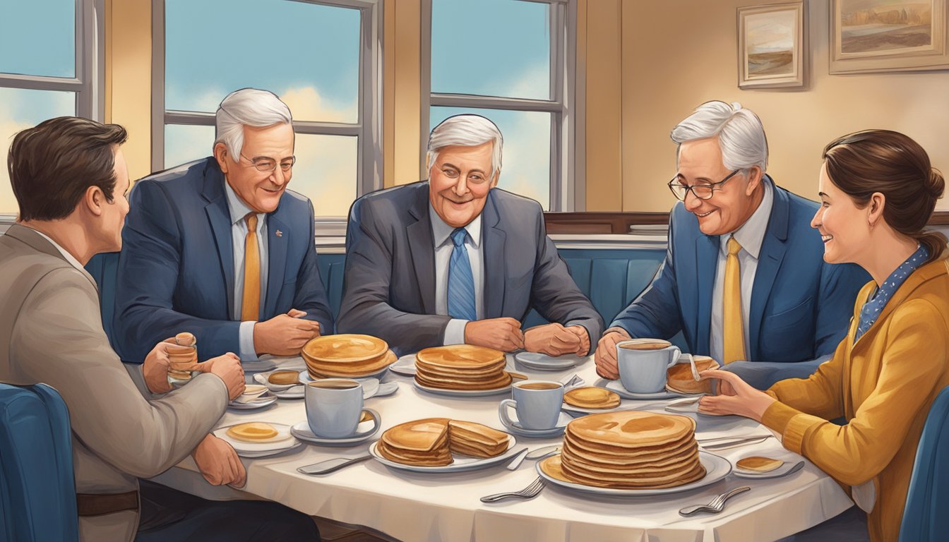 A group of politicians gather around a table at an IHOP, engaging in lively conversation over plates of pancakes and coffee. The atmosphere is warm and inviting, with the aroma of breakfast filling the air