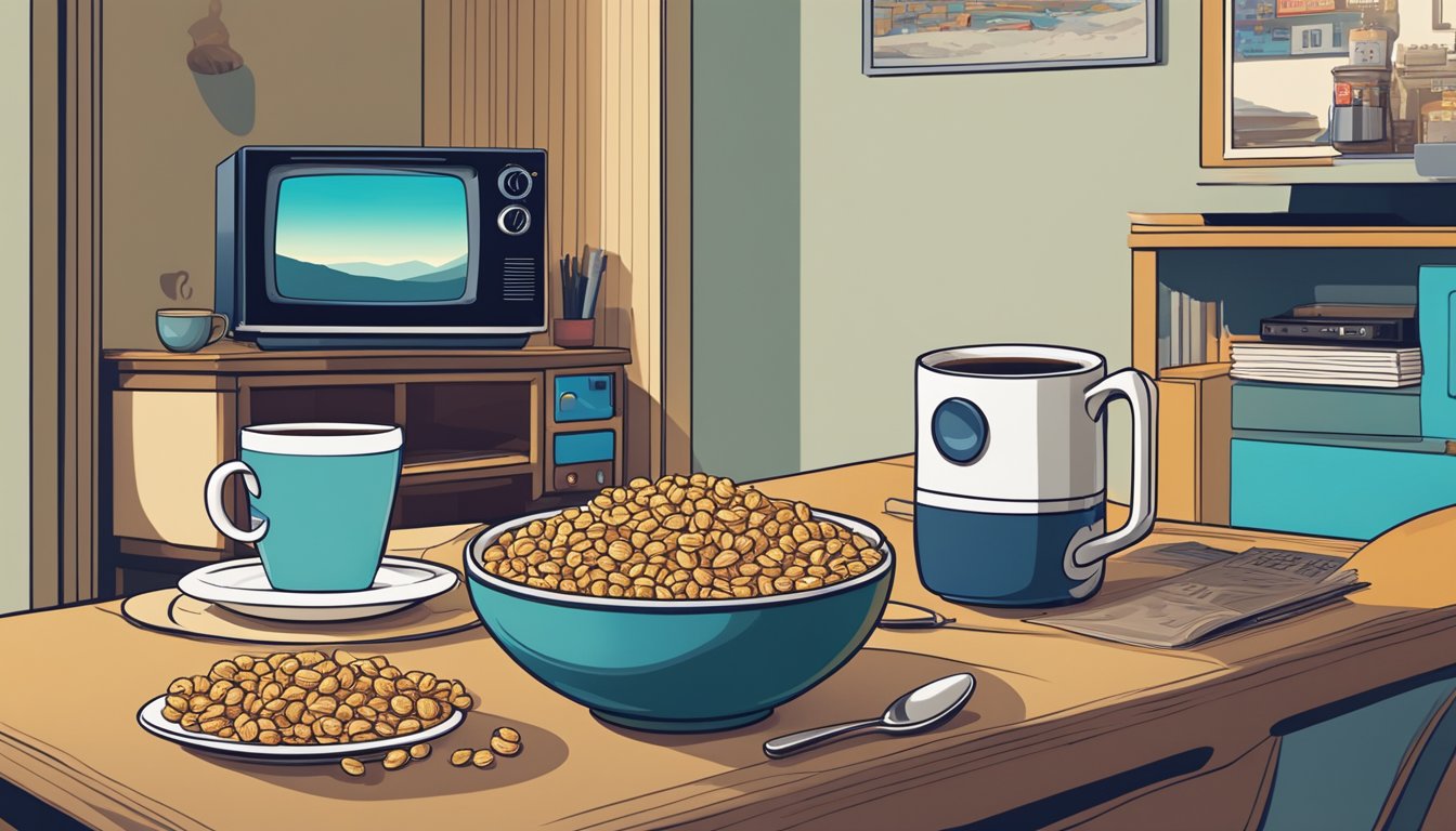 A table set with a bowl of cereal, a mug of coffee, and a TV playing iconic pop culture references