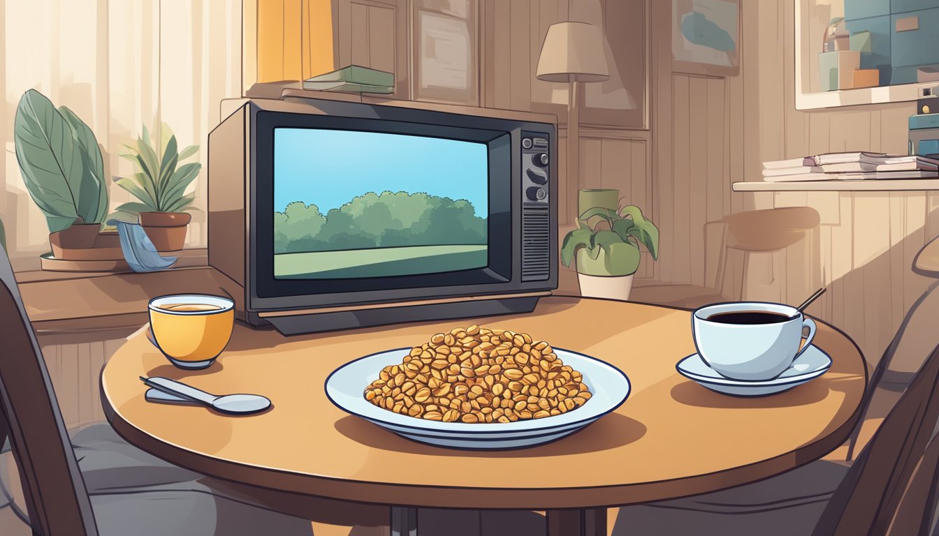 A breakfast table with a bowl of cereal, a cup of coffee, and a TV playing popular TV shows and movies in the background