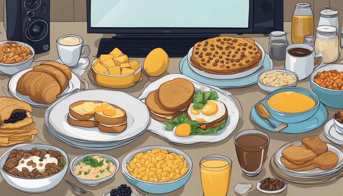 A table covered in breakfast foods surrounded by TV and film memorabilia