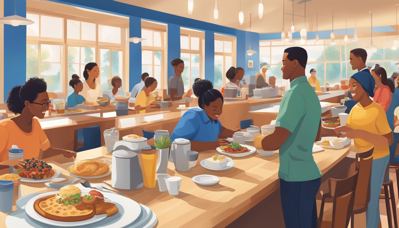 A bustling IHOP restaurant with diverse global breakfast dishes being served to customers from different cultural backgrounds