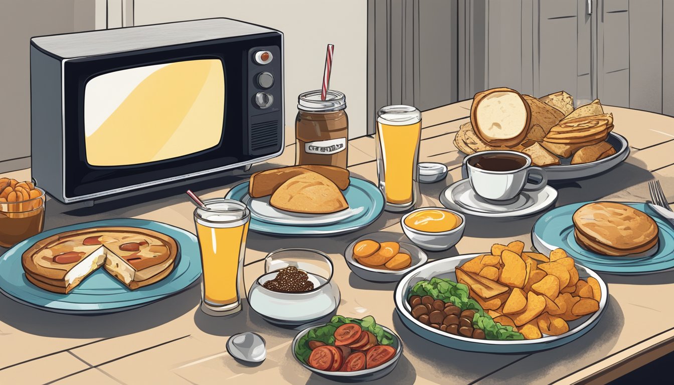 A table set with breakfast items and a TV playing iconic pop culture references