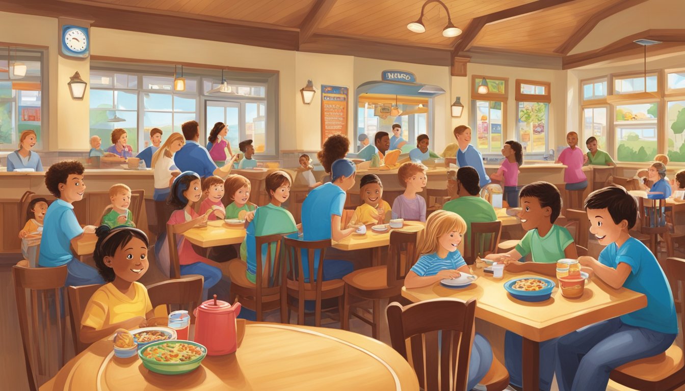 A bustling IHOP restaurant filled with families, kids eagerly perusing the colorful and playful Kid's Menu, while parents enjoy the charming atmosphere