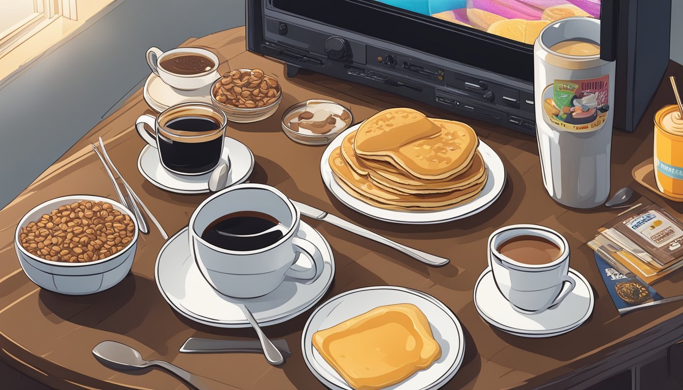 A breakfast table with a bowl of cereal, a plate of pancakes, and a cup of coffee, surrounded by TV and film memorabilia such as posters and figurines