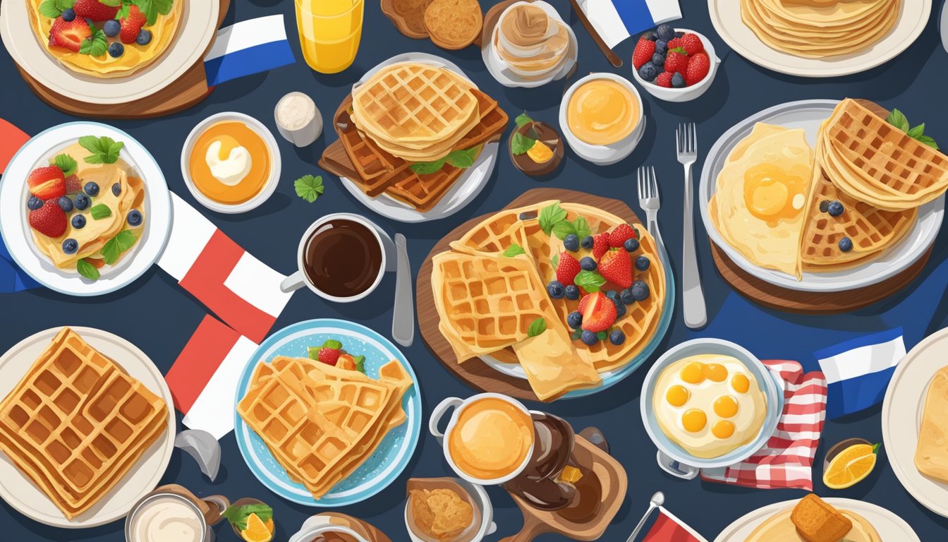 A table with a variety of breakfast dishes from different countries, including pancakes, crepes, and waffles, surrounded by international flags and cultural elements