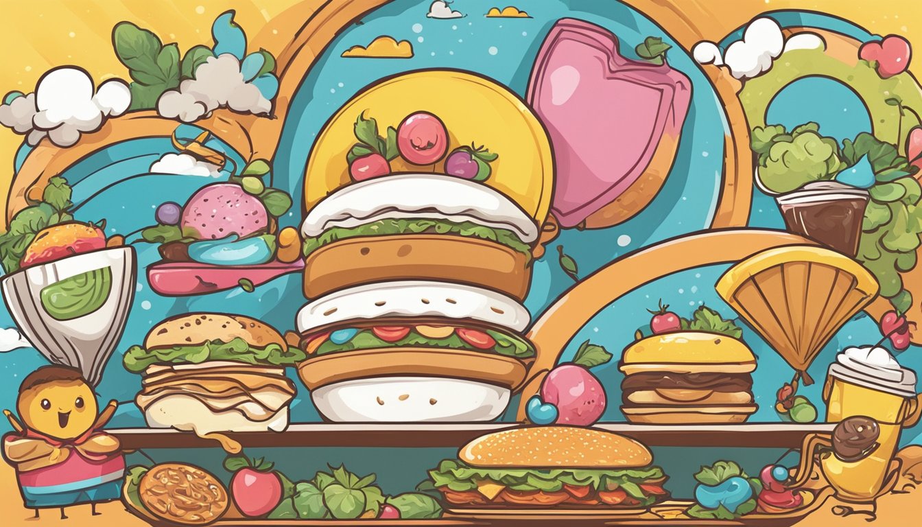 A colorful and playful menu featuring cartoon characters and whimsical food illustrations