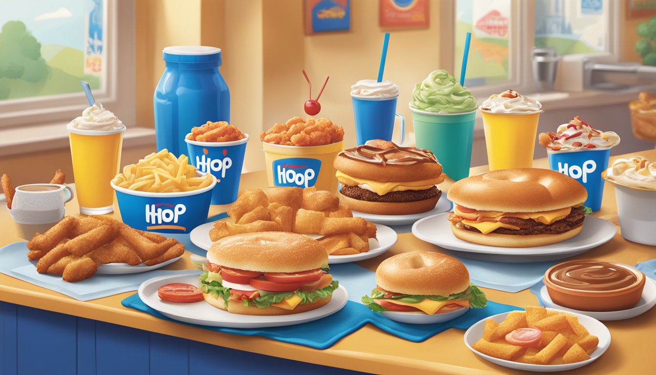 A colorful IHOP kids' menu featuring fun illustrations of food items and playful characters, surrounded by vibrant promotional graphics