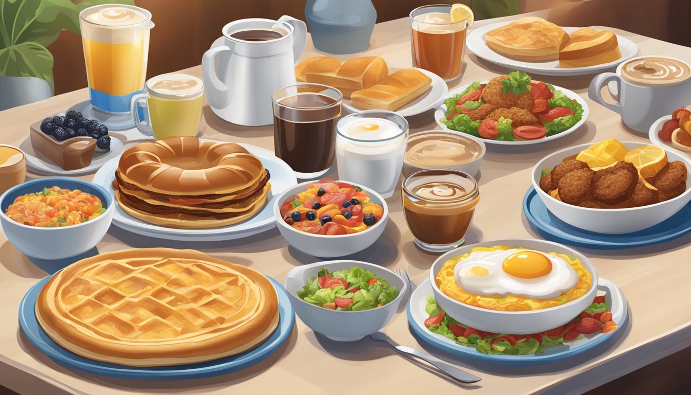 An IHOP restaurant with a diverse array of breakfast dishes from different countries displayed on a table, with cultural elements in the background