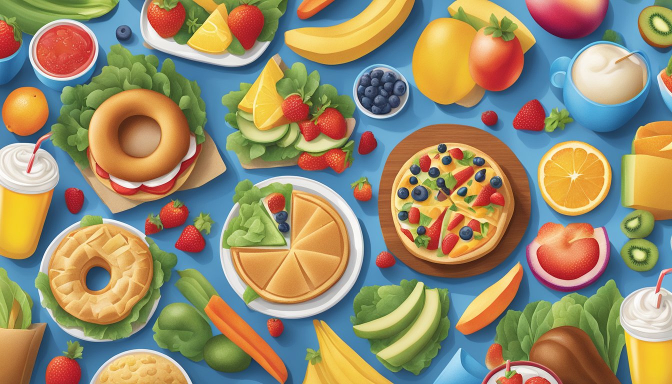 A colorful and playful illustration of a diverse selection of nutritious and delicious food items from IHOP's Kid's Menu, surrounded by vibrant fruits and vegetables