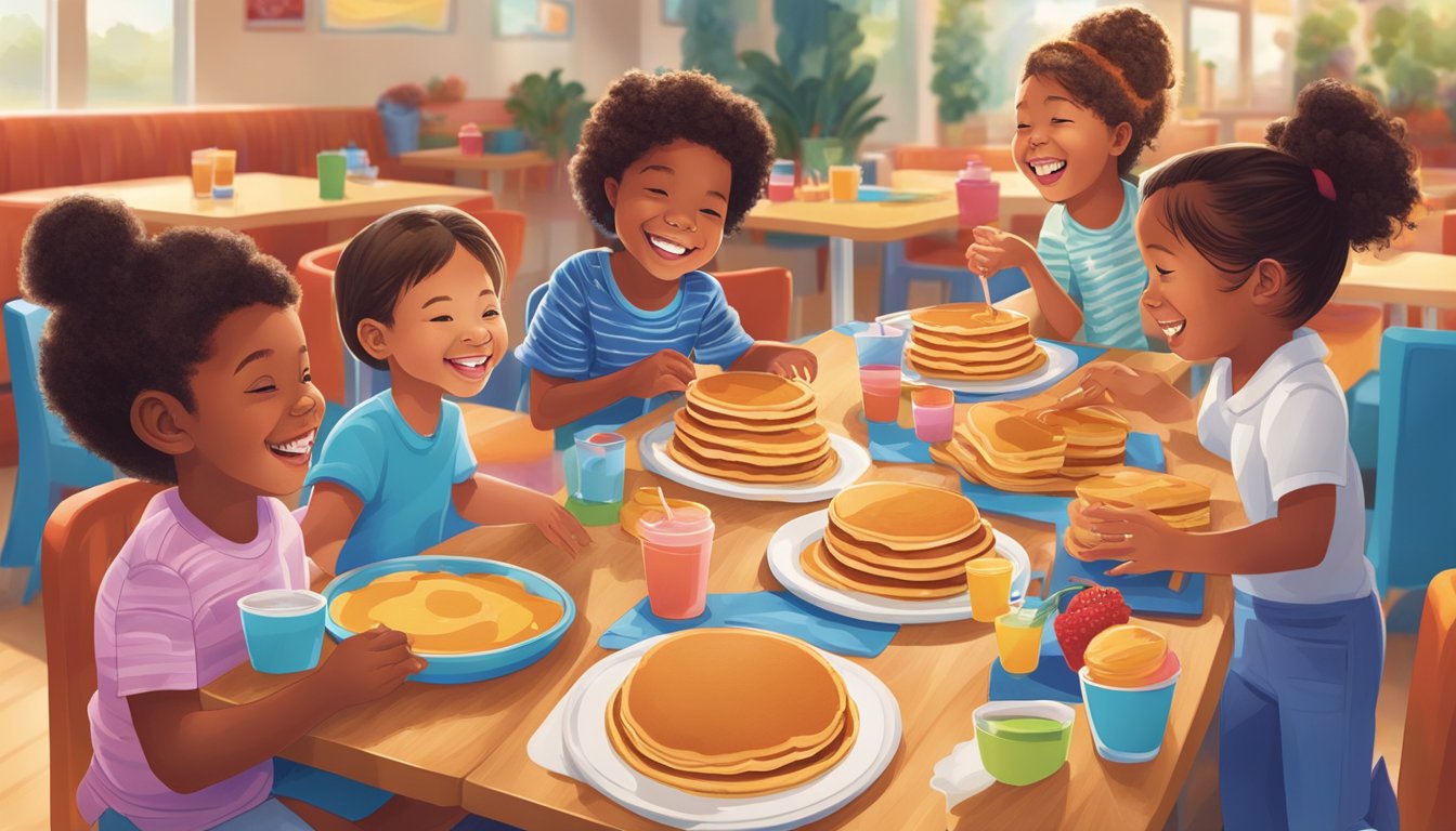 Children laughing and playing with interactive pancake art and colorful, creative dishes at a vibrant IHOP table