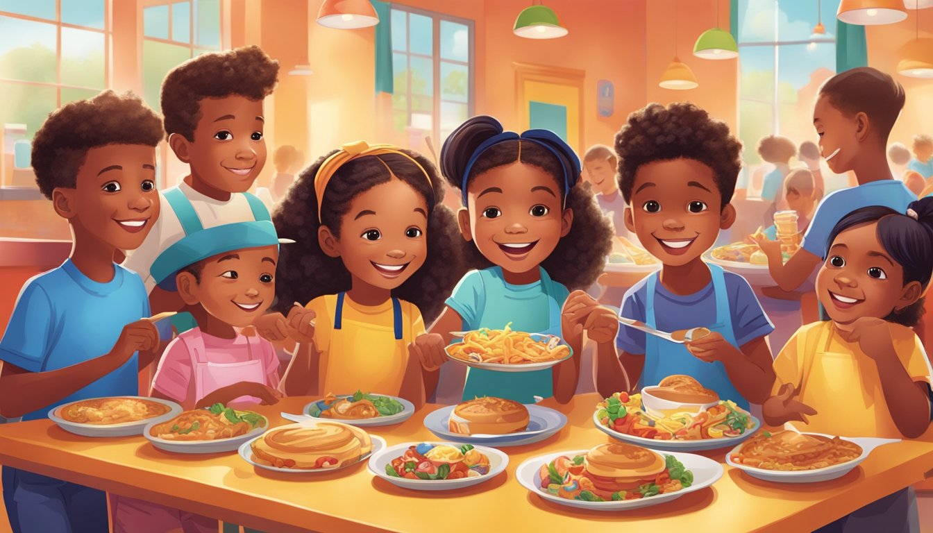 A group of children happily digging into colorful and appetizing dishes at a vibrant and playful IHOP restaurant