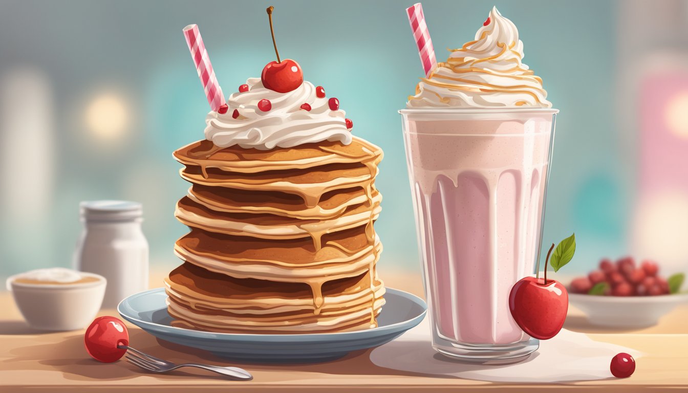 A towering milkshake adorned with whipped cream, sprinkles, and a cherry sits on a table next to a stack of fluffy pancakes and a side of crispy bacon