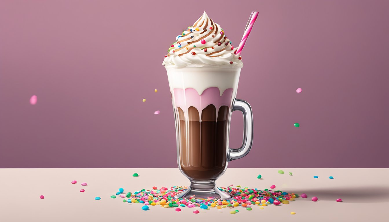 A tall glass overflowing with a creamy milkshake topped with whipped cream and a cherry, surrounded by colorful sprinkles and a drizzle of chocolate syrup