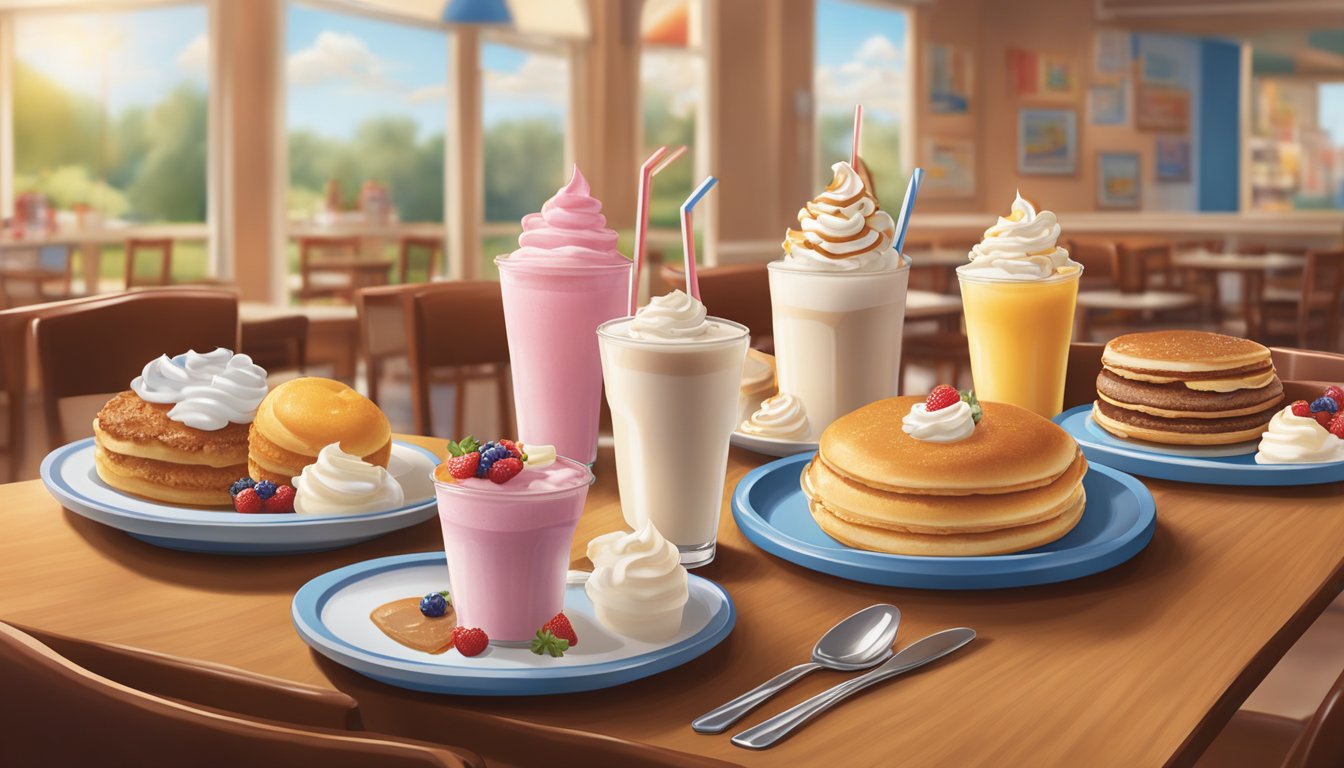 A table set with a variety of decadent milkshakes and breakfast items, surrounded by a warm and inviting dining atmosphere at IHOP