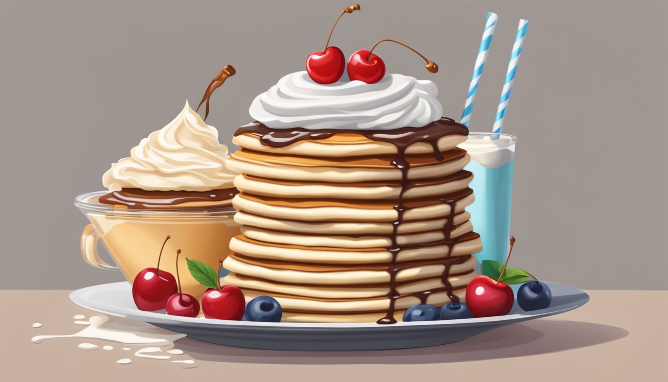 A tall, creamy milkshake topped with whipped cream and a cherry sits next to a stack of fluffy pancakes, drizzled with syrup and sprinkled with powdered sugar