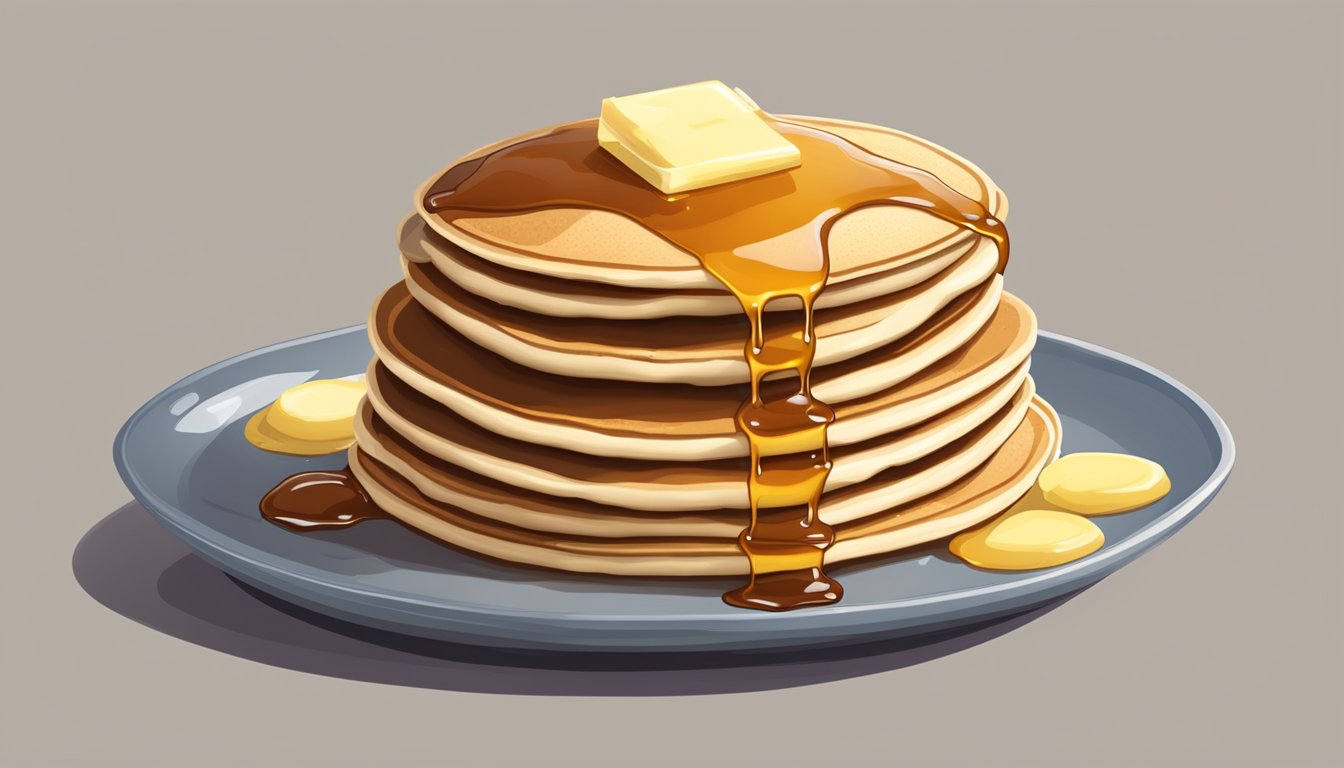 A stack of pancakes, perfectly balanced, with syrup cascading down the sides and a dollop of butter melting on top