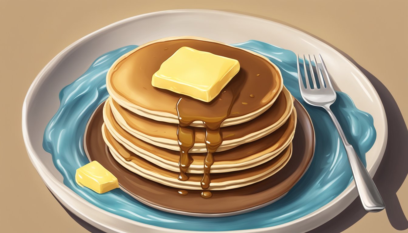 A stack of pancakes with a pat of butter melting on top, surrounded by a pool of syrup