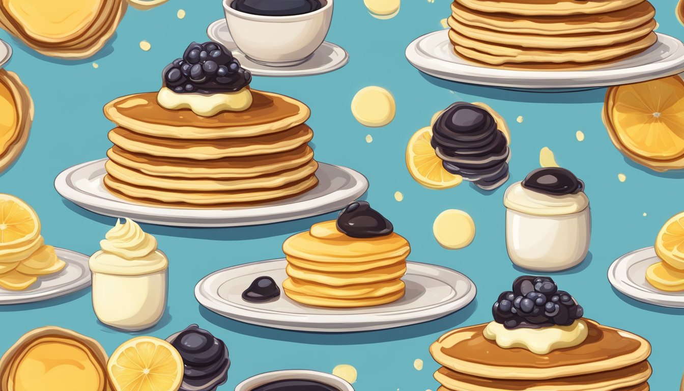 A towering stack of pancakes, each perfectly round and fluffy, topped with a dollop of melting butter and a cascade of syrup