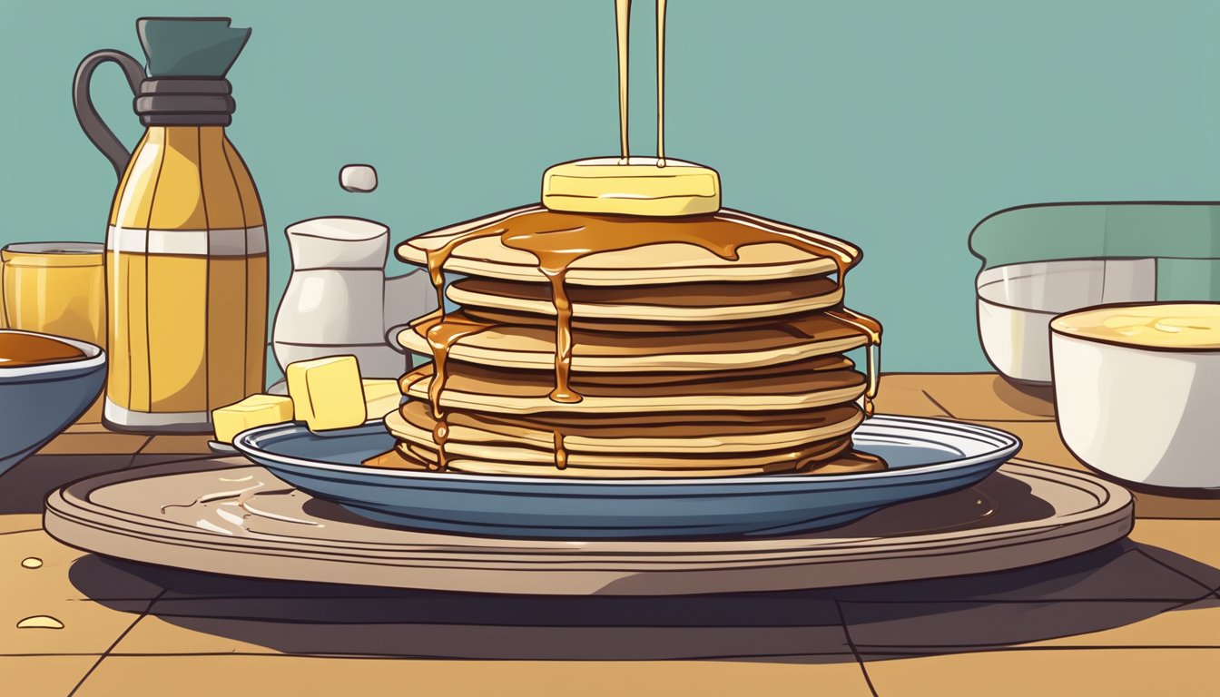 A stack of pancakes with a pat of butter melting on top, surrounded by a pool of syrup