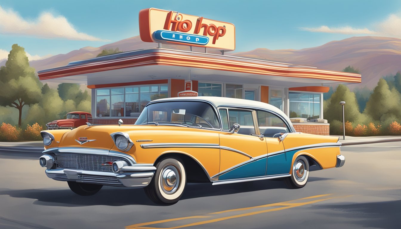 A classic car parked outside an IHOP restaurant, with a retro gas station in the background, surrounded by a scenic American landscape