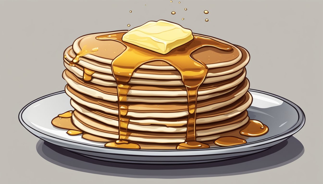 A stack of pancakes sits on a plate, with a dollop of butter melting on top and a drizzle of syrup cascading down the sides