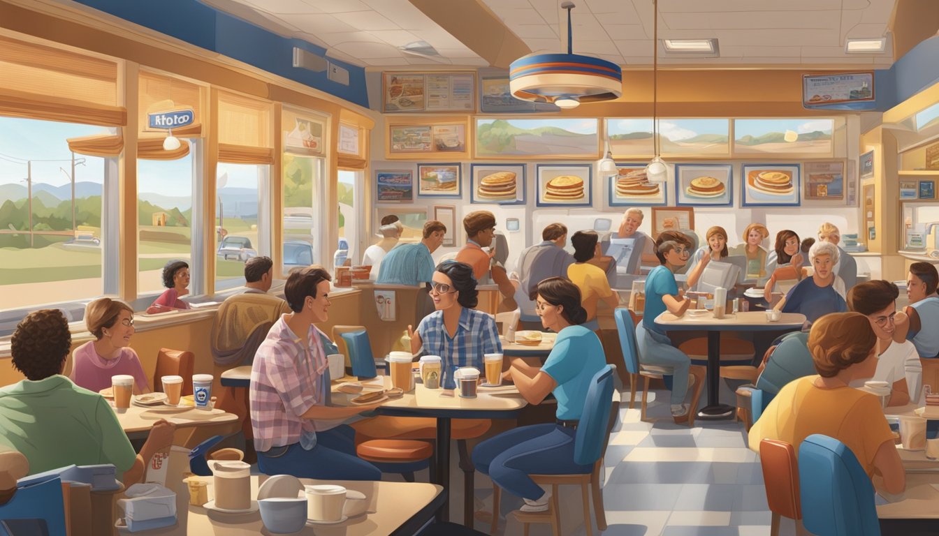 A bustling IHOP diner at a roadside stop, with diverse customers enjoying pancakes and coffee, while classic road trip memorabilia adorns the walls