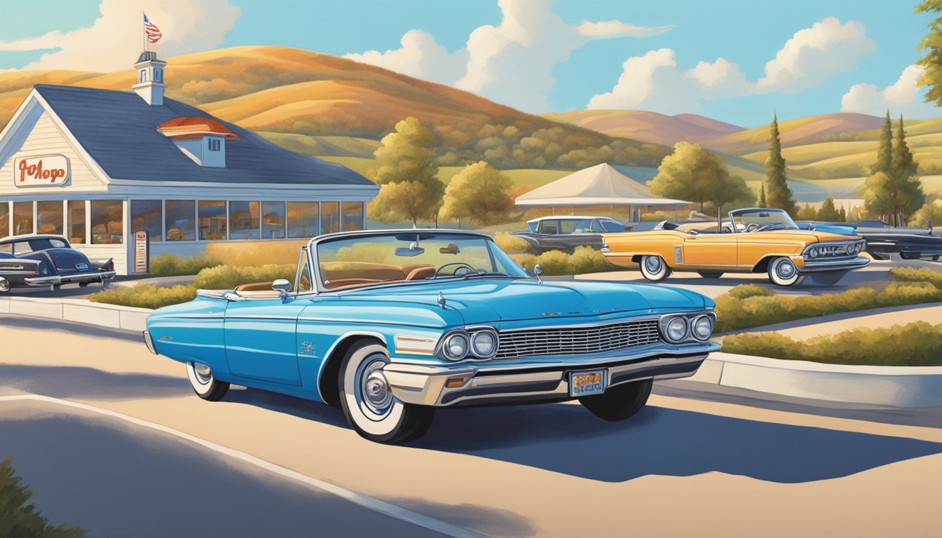 A vintage convertible pulls into an IHOP parking lot, surrounded by rolling hills and a bright blue sky. Diners enjoy pancakes and coffee at outdoor tables