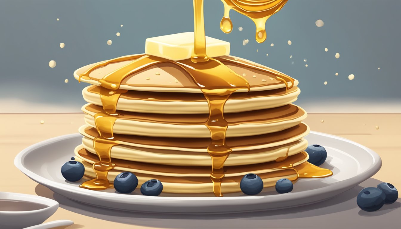 A stack of pancakes with butter melting on top, while a drizzle of syrup cascades down the sides